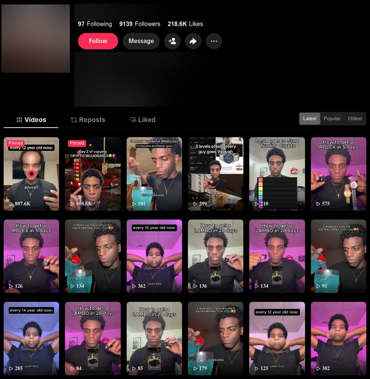 One of J****'s TikTok profiles, name and photo blurred, with two pinned posts at 807.6K and 808.6K views